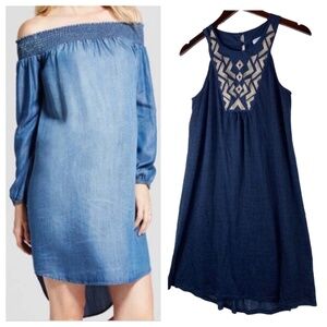 LOT (2) Liz Lange Isabel Maternity Small Dress Off Shoulder Chambray Blue